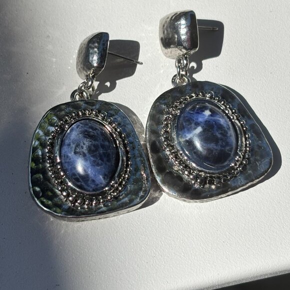 Sodalite Bold Blue Hammered Boho Silver Tone Metal Dangling Earrings - Picture 6 of 6
